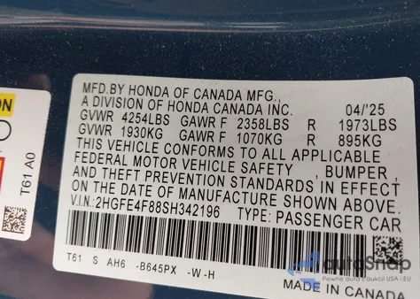 2025 Honda Civic Hybrid Sport/Sport Touring из США, поврежденный, VIN 2HGFE4F88SH342196